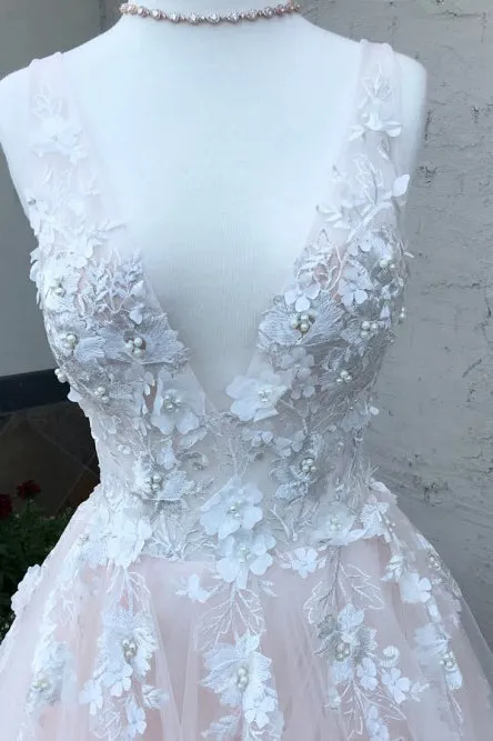 A-Line V-Neck Floor-Length Pink Prom Dress with Appliques Pearls OVR002